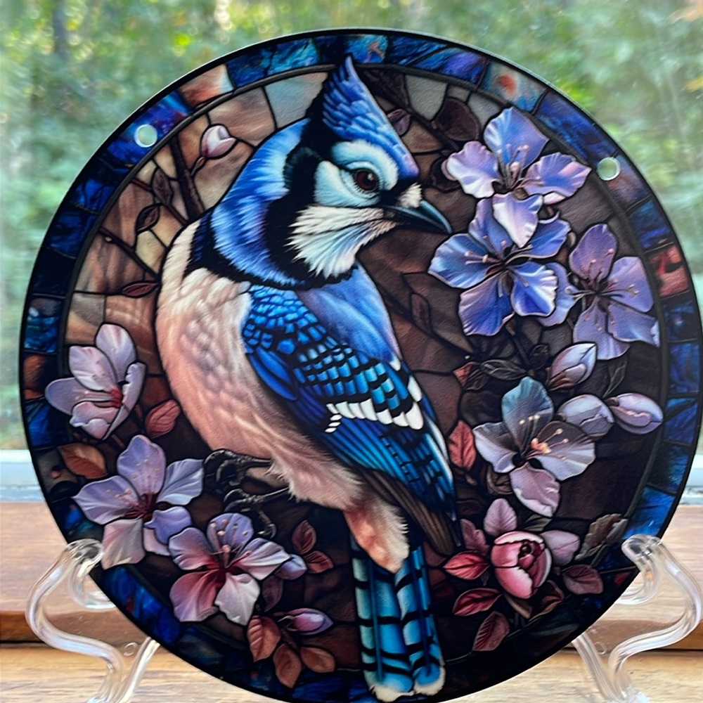 Blue Jay Purple Floral Acrylic Suncatcher Faux Stained Glass 6” New Gift Decor